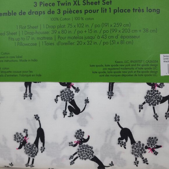 Kate Spade New York 3 Piece Twin XL Sheet Set Dancing Poodles Cotton Black White - Picture 6 of 9